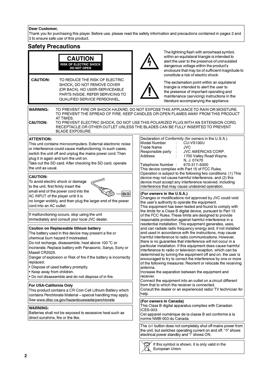 JVC CU-VS100U instruction manual Dear Customer, For USA-California Only, For owners in the U.S.A, For owners in Canada 