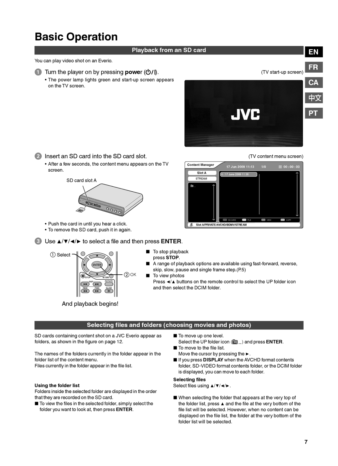 JVC CU-VS100U Basic Operation, Playback from an SD card, Selecting ﬁles and folders choosing movies and photos 