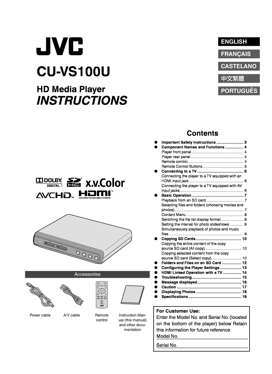 JVC CU-VS100U instruction manual HD Media Player, English Français Castelano, 中文繁體, Português, Accessories, Serial No 