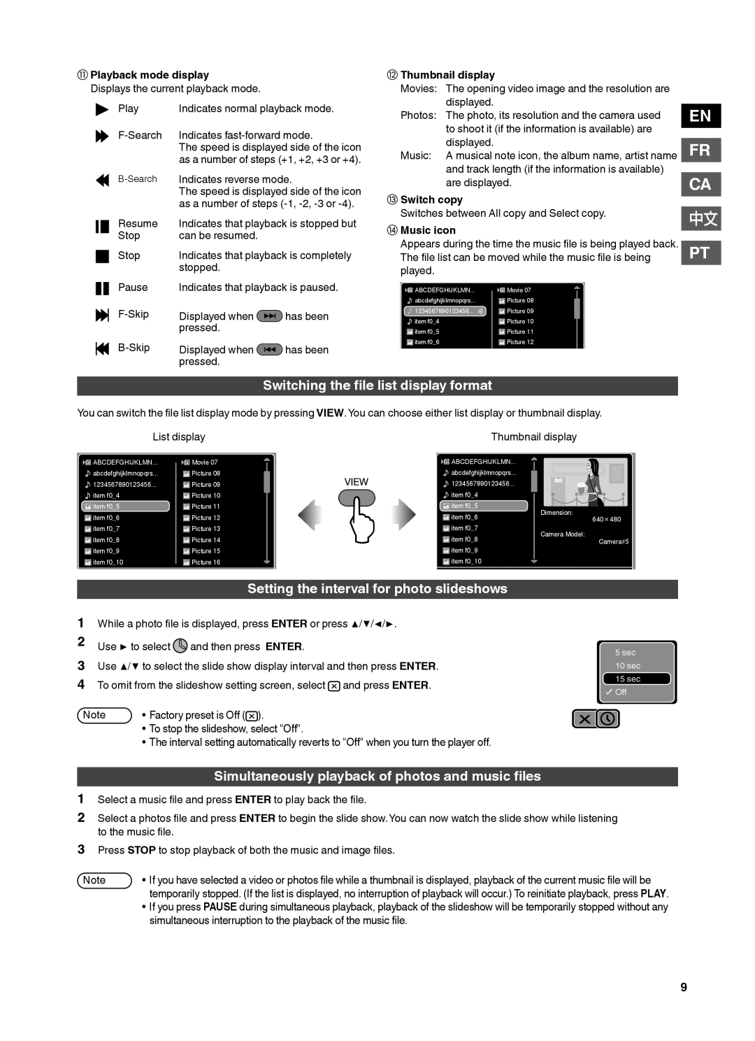 JVC CU-VS100U Switching the ﬁle list display format, Setting the interval for photo slideshows, En Fr Ca, ⑬ Switch copy 