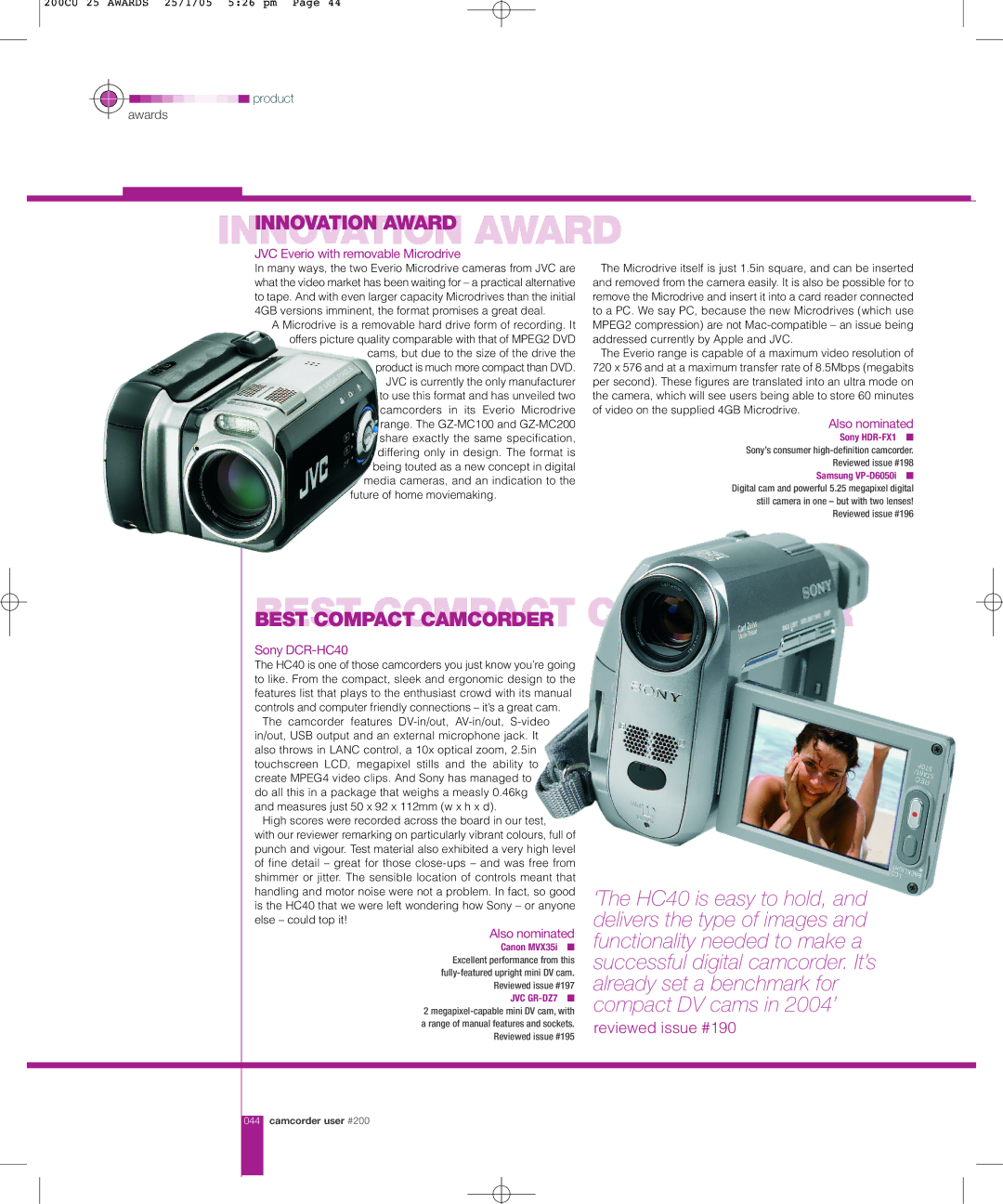 JVC DCR-HC40 manual Innovationinnovation Award Award, Bestbest Compactcompactcamcorder Camcorder, Also nominated 