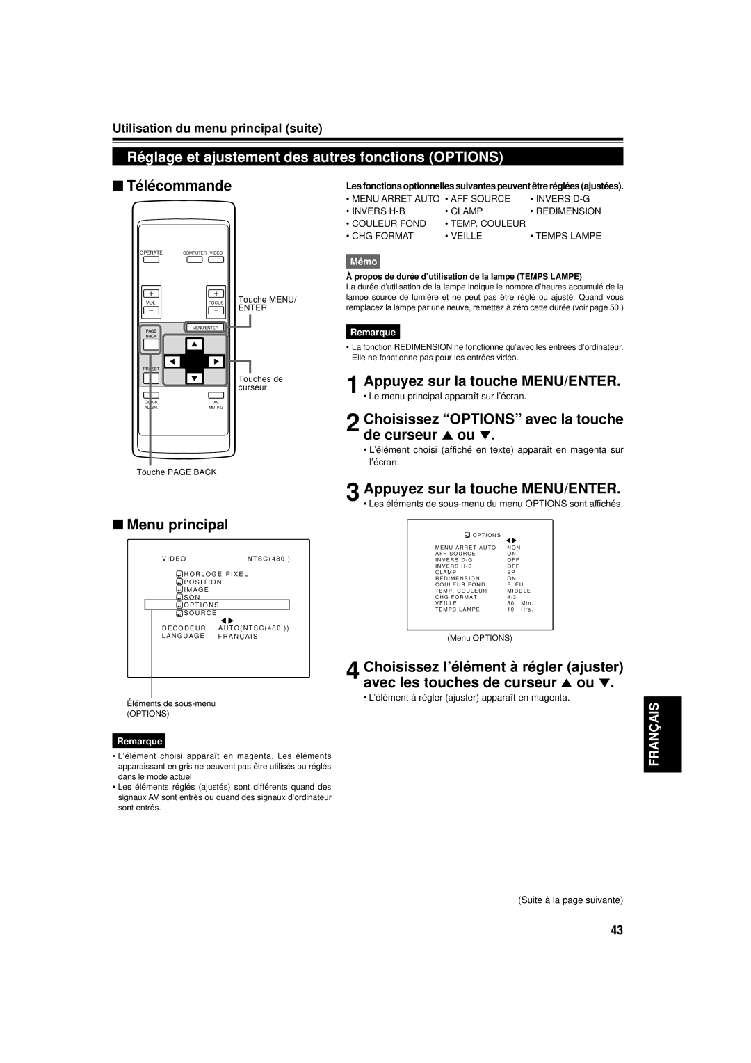 JVC DLA-C15U manual Réglage et ajustement des autres fonctions Options, Choisissez Options avec la touche de curseur 5ou 