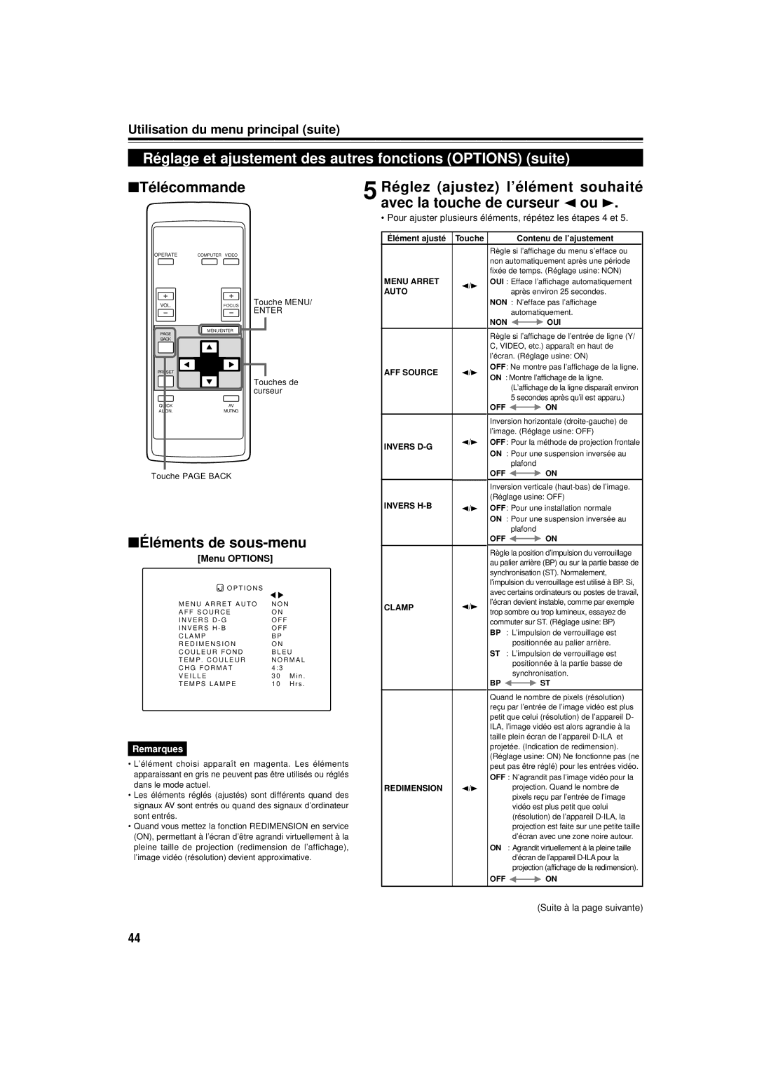 JVC DLA-C15U manual Réglage et ajustement des autres fonctions Options suite, Menu Options 