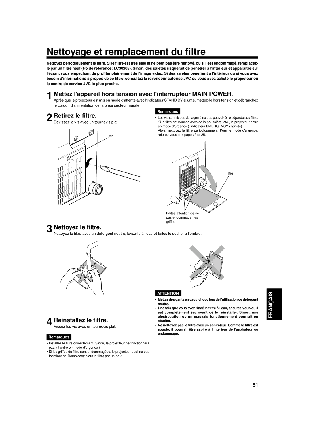 JVC DLA-C15U manual Nettoyage et remplacement du filtre, Mettez lappareil hors tension avec linterrupteur Main Power 