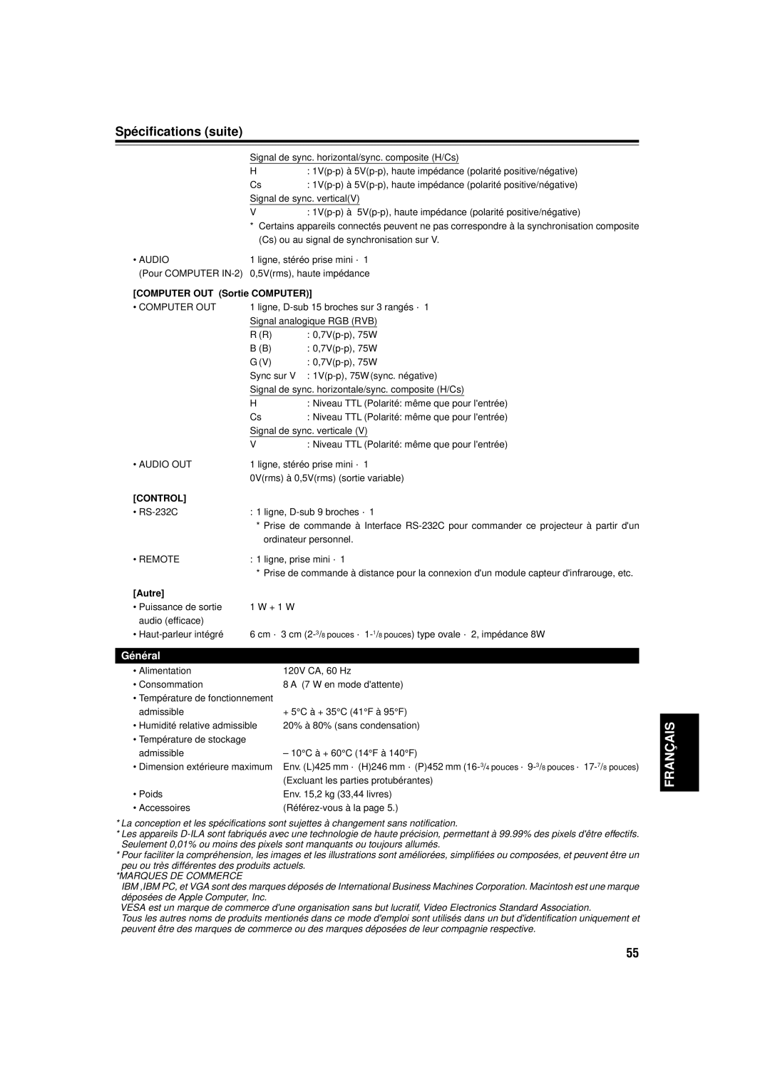 JVC DLA-C15U manual Spécifications suite, Computer OUT Sortie Computer, Autre 