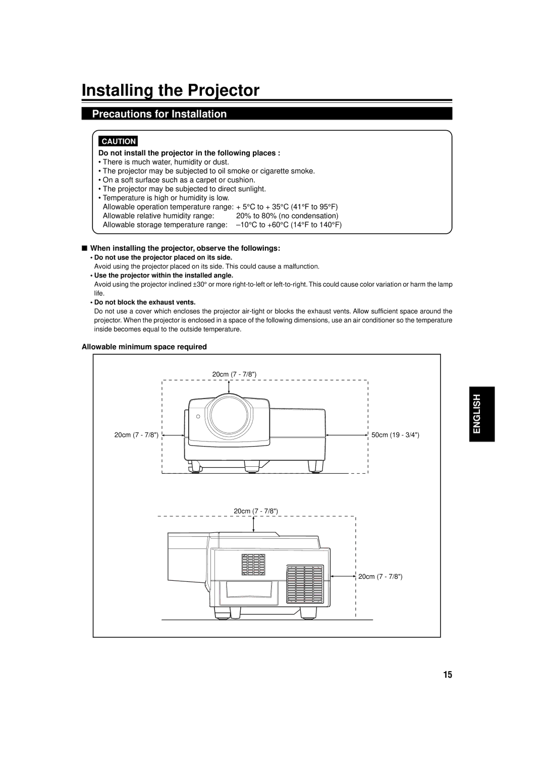 JVC DLA-C15U Installing the Projector, Precautions for Installation, Do not install the projector in the following places 