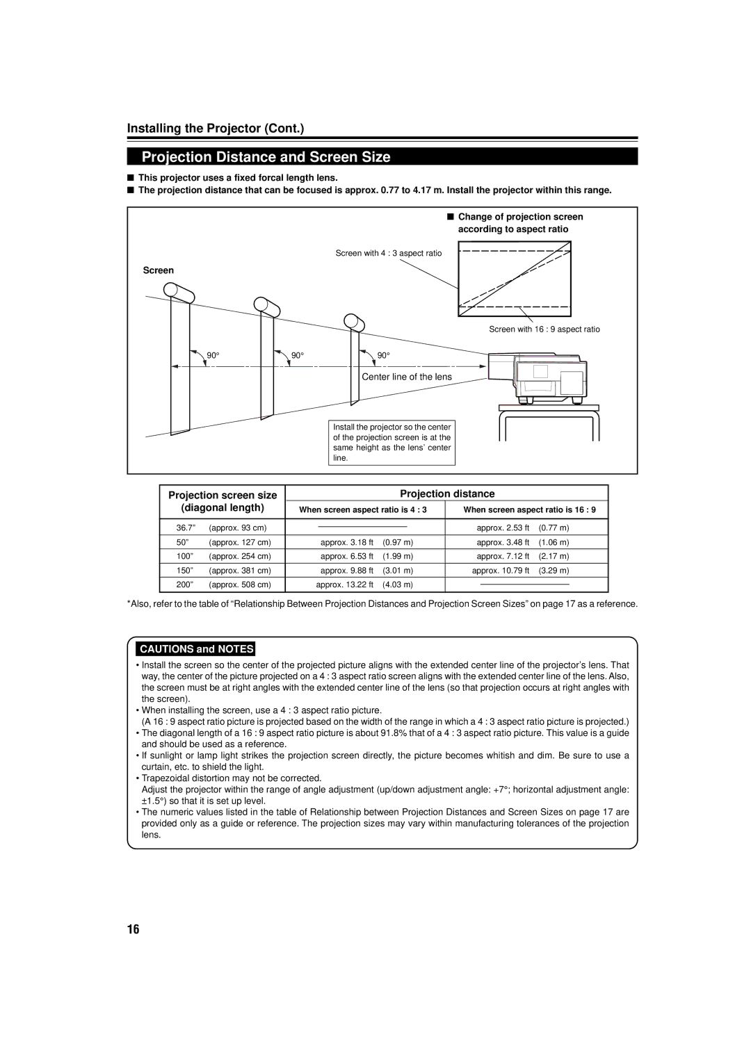 JVC DLA-C15U manual Projection Distance and Screen Size, Projection screen size Projection distance Diagonal length 