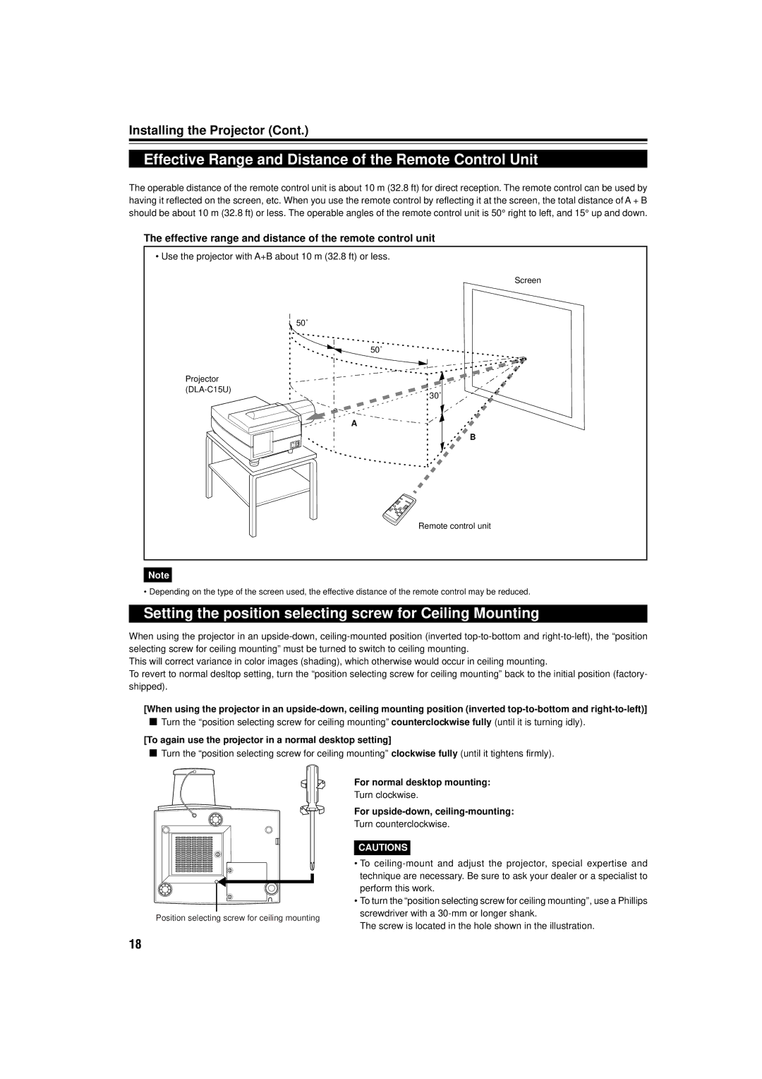 JVC DLA-C15U manual Effective Range and Distance of the Remote Control Unit 