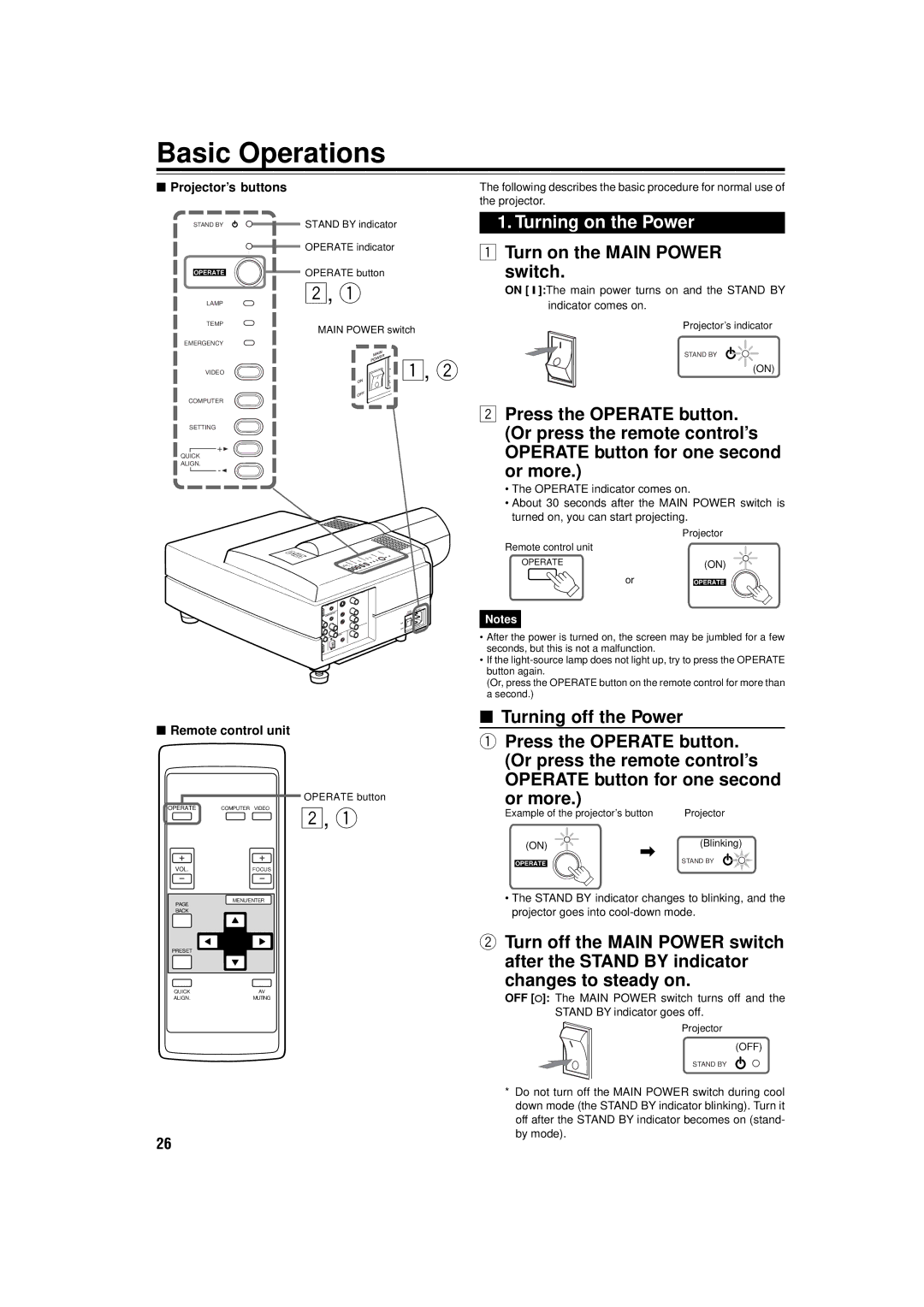 JVC DLA-C15U manual Basic Operations, Turning on the Power, Turn on the Main Power switch, Changes to steady on 