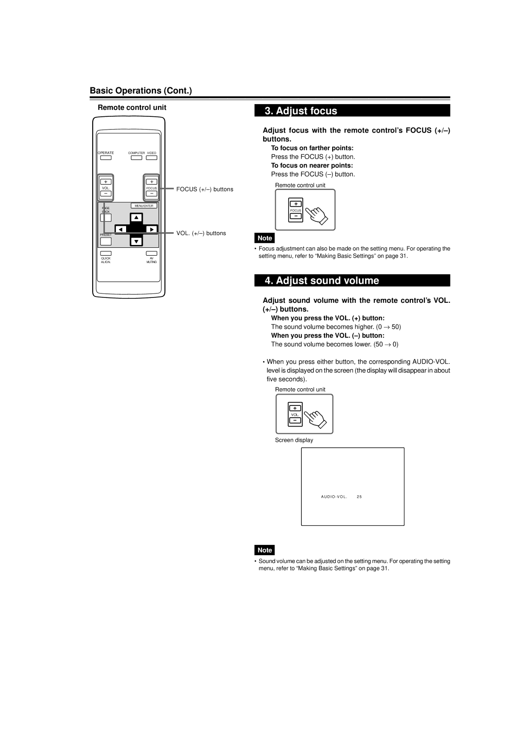 JVC DLA-C15U manual Adjust sound volume, Adjust focus with the remote control’s Focus +/- buttons 