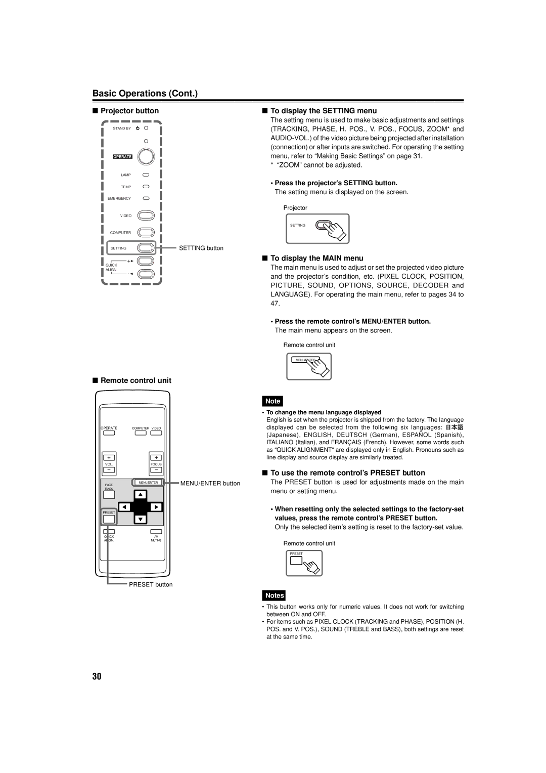 JVC DLA-C15U manual Projector button, To display the Setting menu, To display the Main menu, Zoom cannot be adjusted 