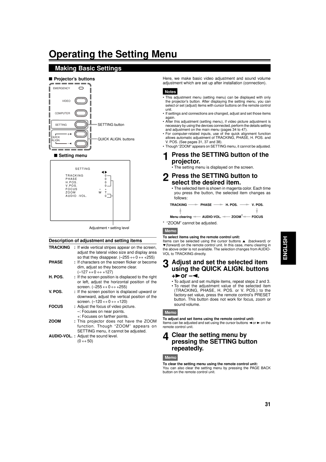 JVC DLA-C15U manual Operating the Setting Menu, Making Basic Settings, Press the Setting button of the projector 