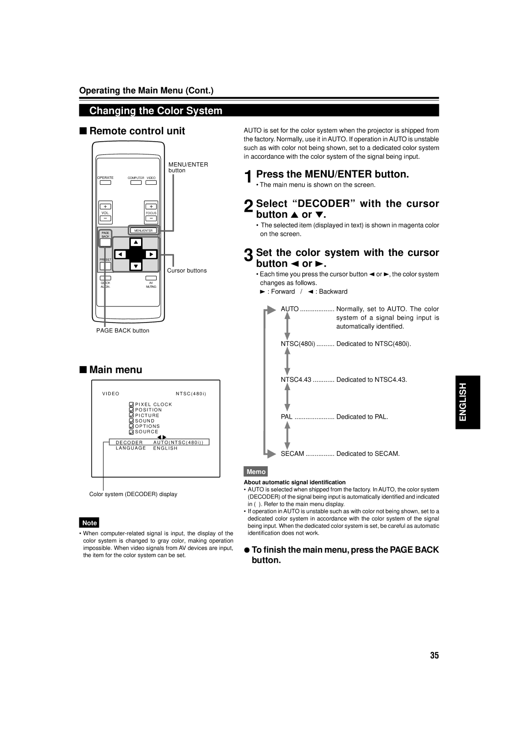 JVC DLA-C15U manual Changing the Color System, Select Decoder with the cursor button 5 or 