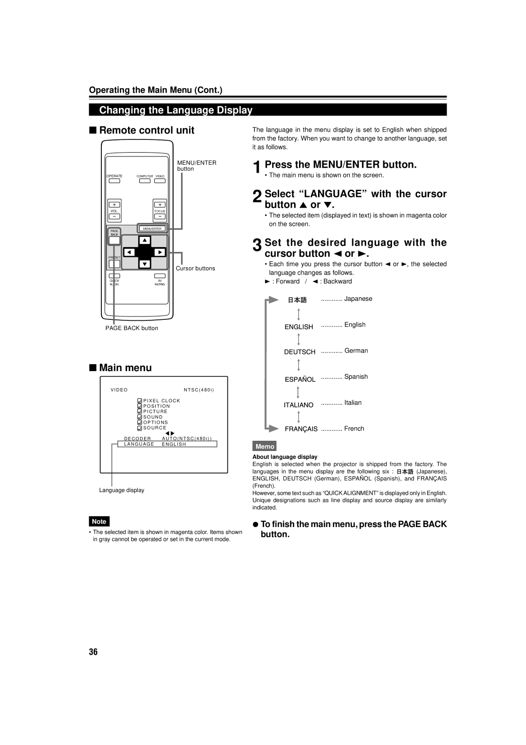 JVC DLA-C15U manual Changing the Language Display, Set the desired language with the cursor button 2 or, Language display 