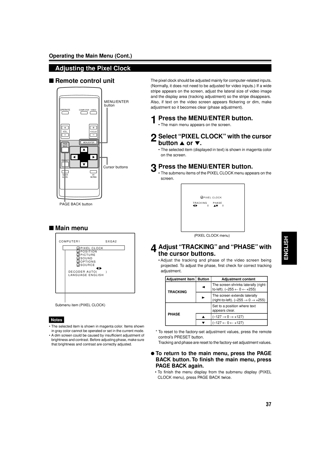 JVC DLA-C15U Adjusting the Pixel Clock, Button 5 or, Adjust Tracking and Phase with the cursor buttons, On the screen 