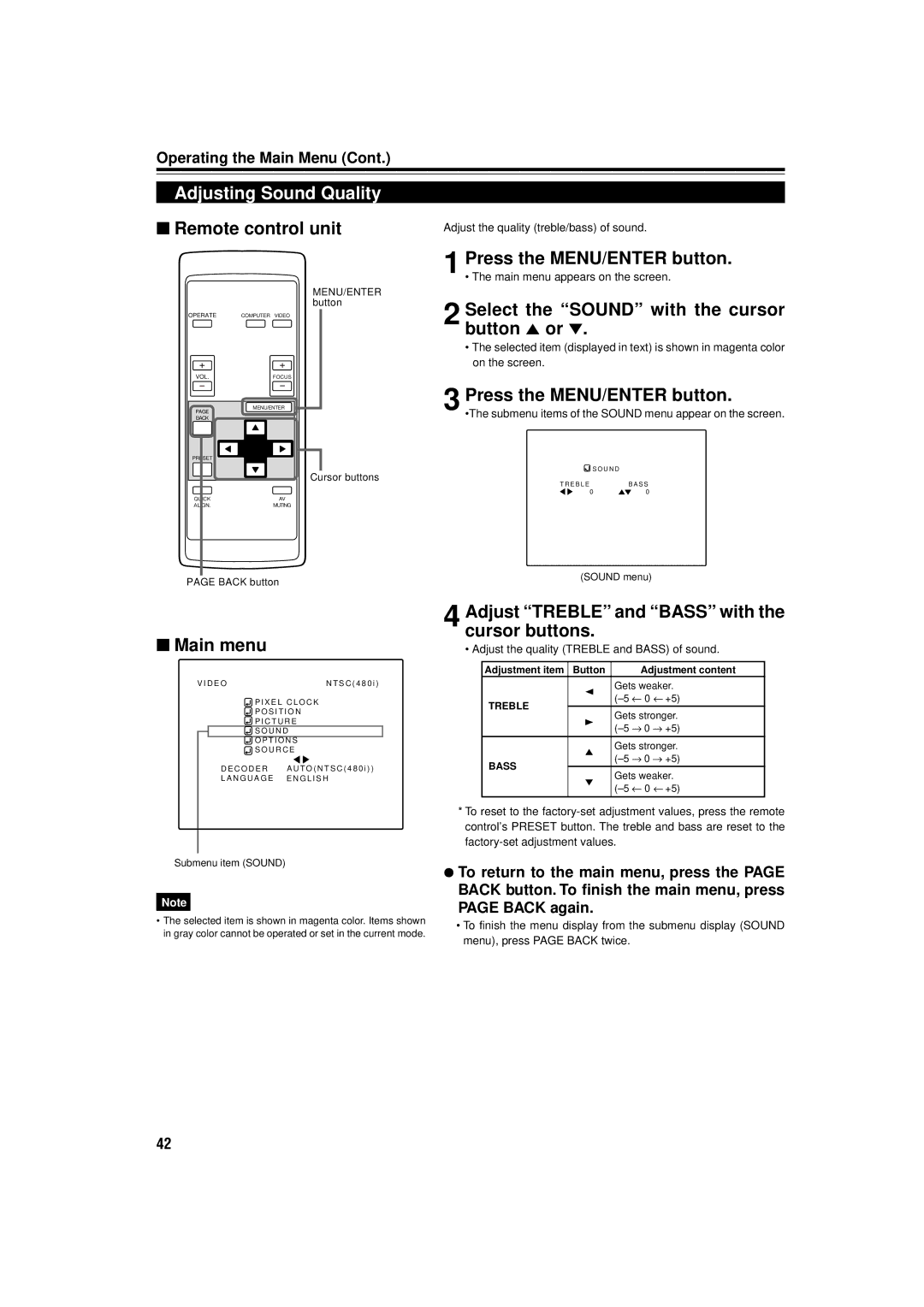 JVC DLA-C15U manual Adjusting Sound Quality, Remote control unit Press the MENU/ENTER button, Button 