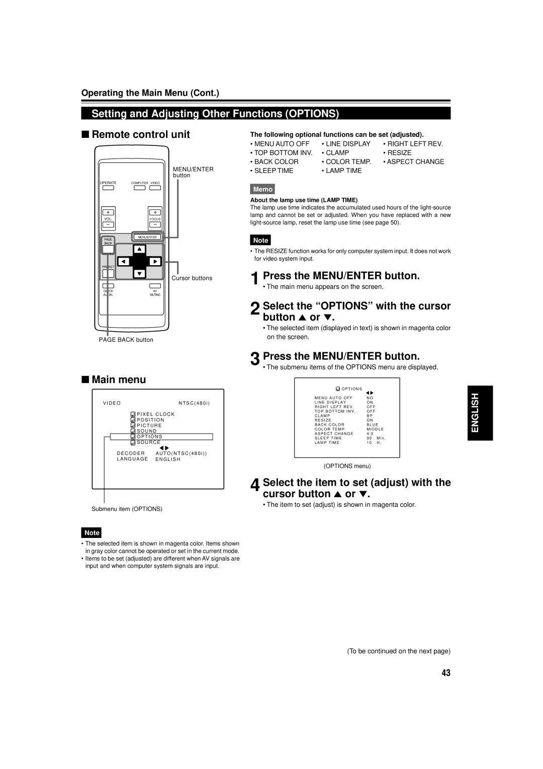 JVC DLA-C15U manual Setting and Adjusting Other Functions Options, Select the Options with the cursor button 5 or 