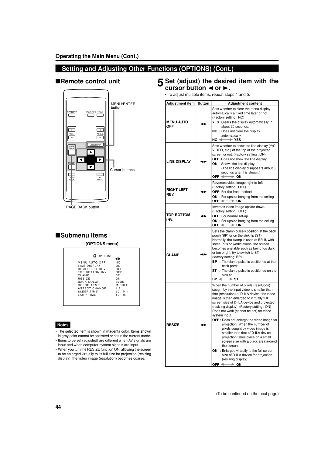 JVC DLA-C15U manual Set adjust the desired item with the cursor button 2 or, Options menu 