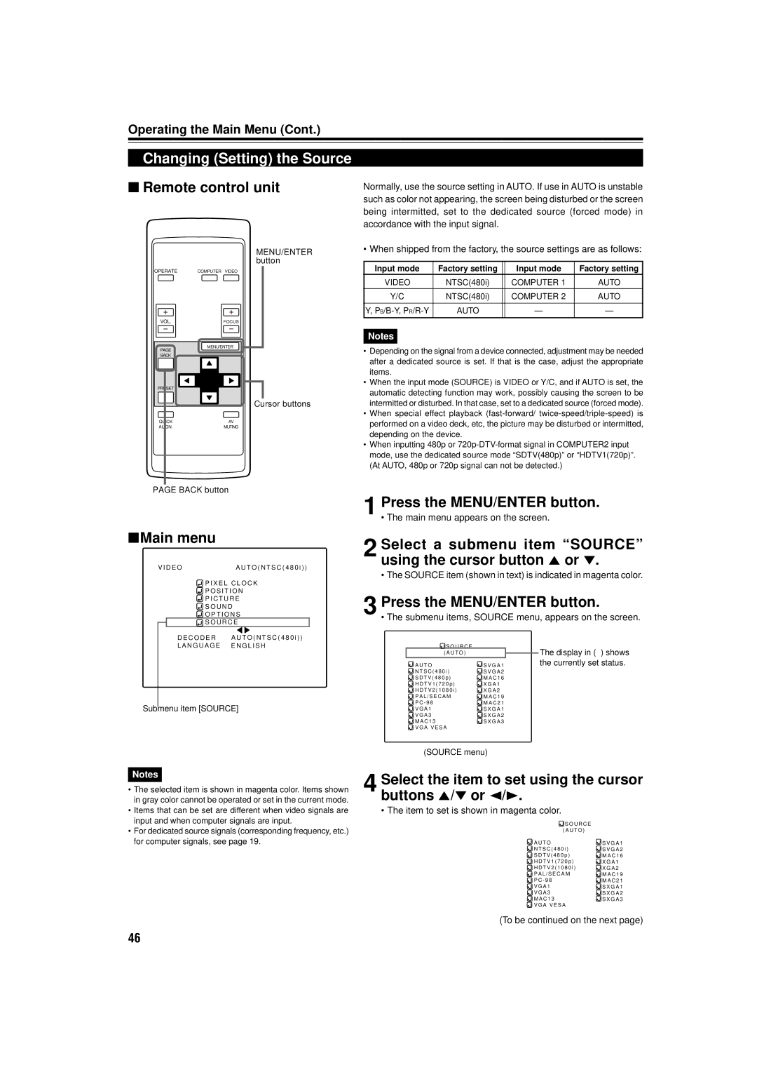 JVC DLA-C15U manual Changing Setting the Source, Select a submenu item Source using the cursor button 5 or 