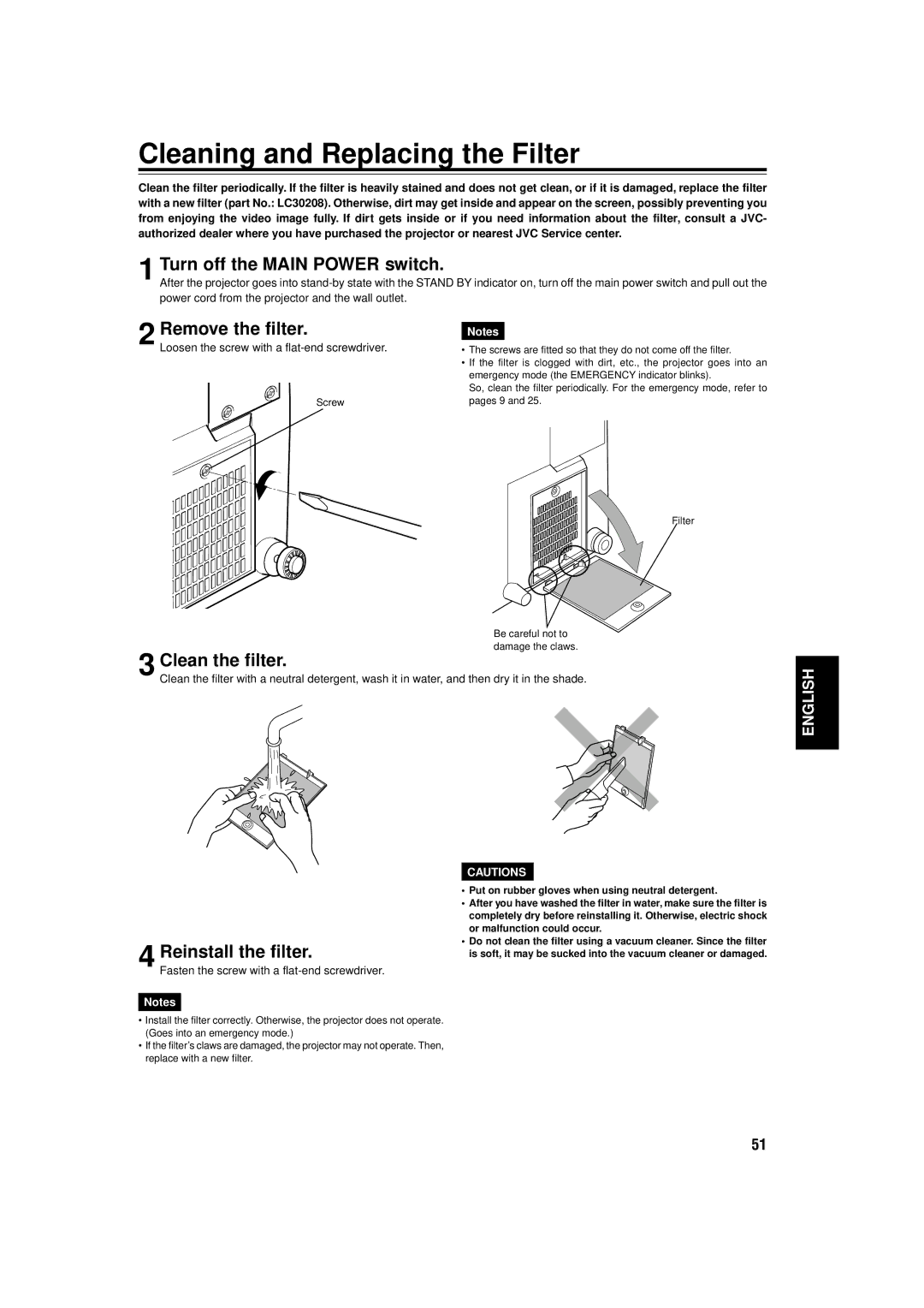 JVC DLA-C15U manual Cleaning and Replacing the Filter, Turn off the Main Power switch, Remove the filter, Clean the filter 