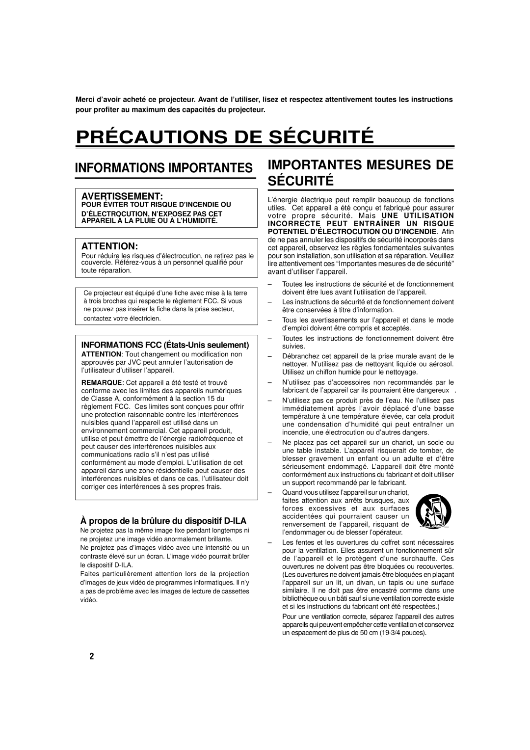 JVC DLA-C15U manual Précautions DE Sécurité, Propos de la brûlure du dispositif D-ILA 