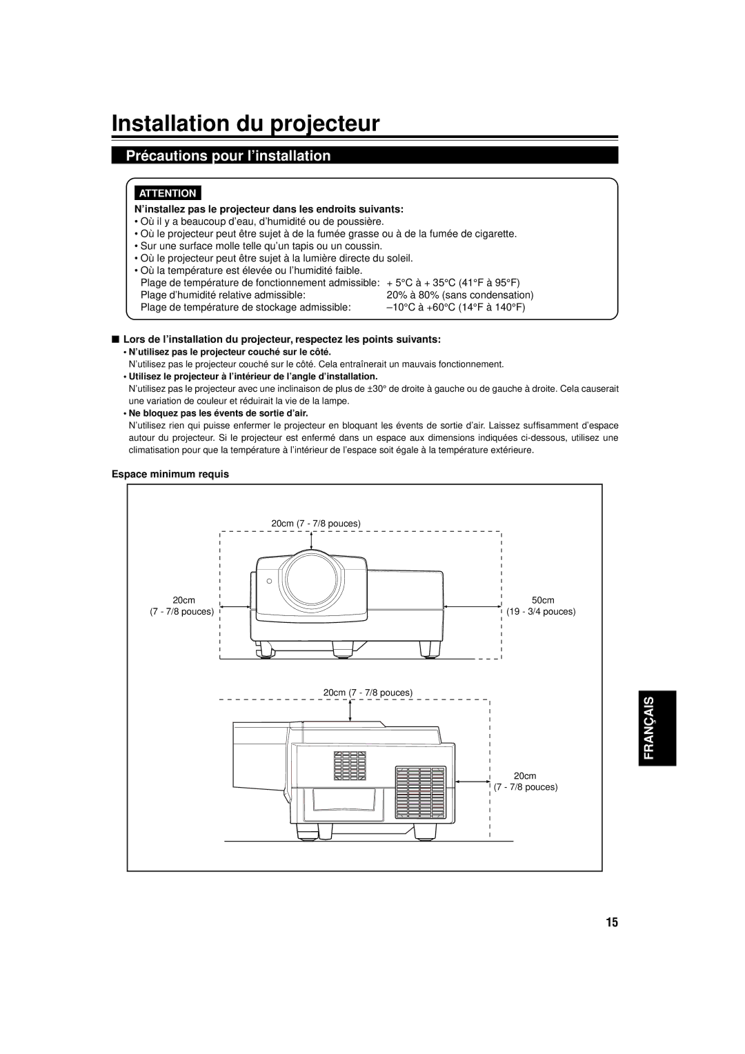 JVC DLA-C15U manual Installation du projecteur, Précautions pour l’installation, Espace minimum requis 