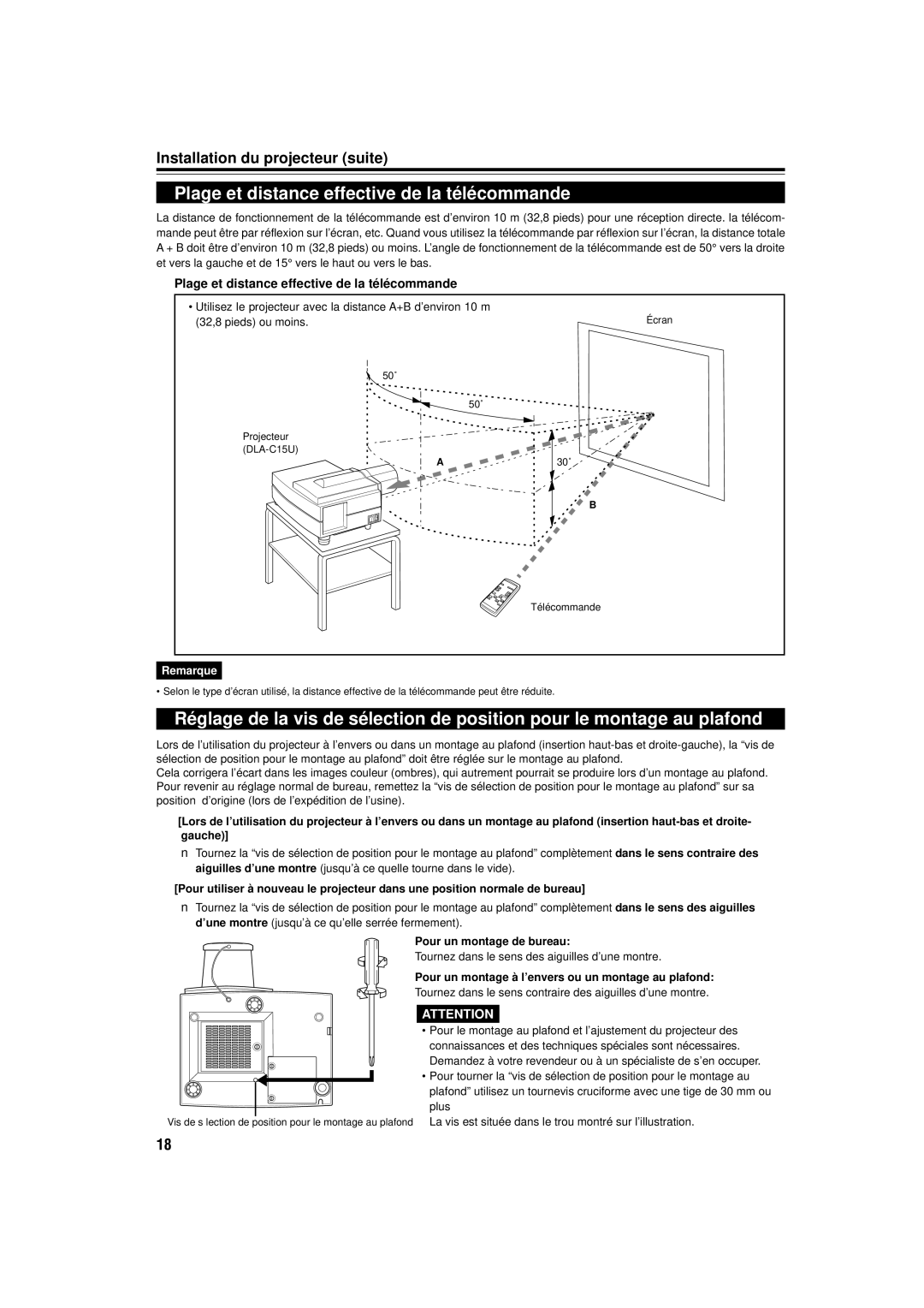 JVC DLA-C15U manual Plage et distance effective de la télécommande, Pour un montage de bureau 