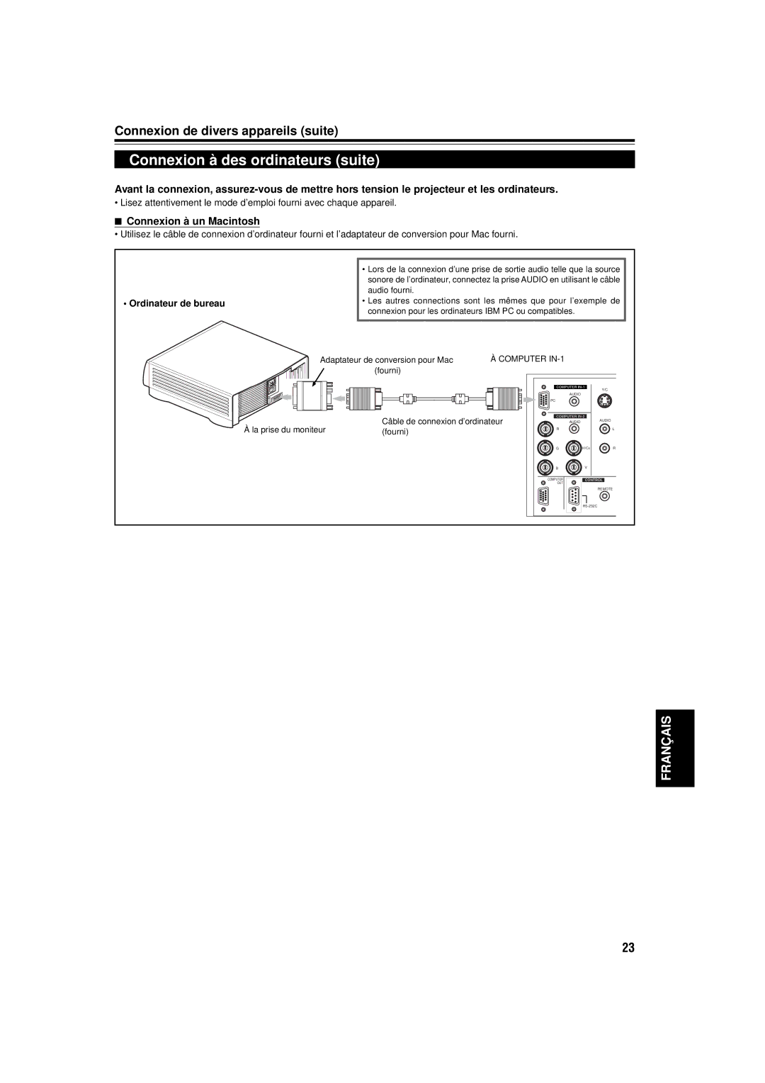 JVC DLA-C15U manual Connexion à des ordinateurs suite, Connexion à un Macintosh 