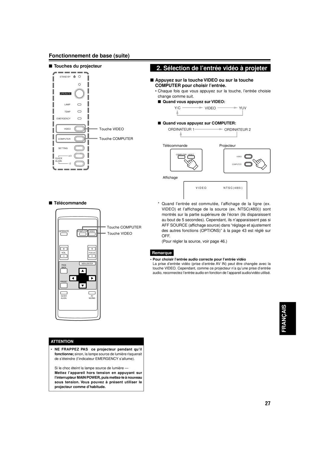 JVC DLA-C15U manual Fonctionnement de base suite, Quand vous appuyez sur Video, Quand vous appuyez sur Computer 