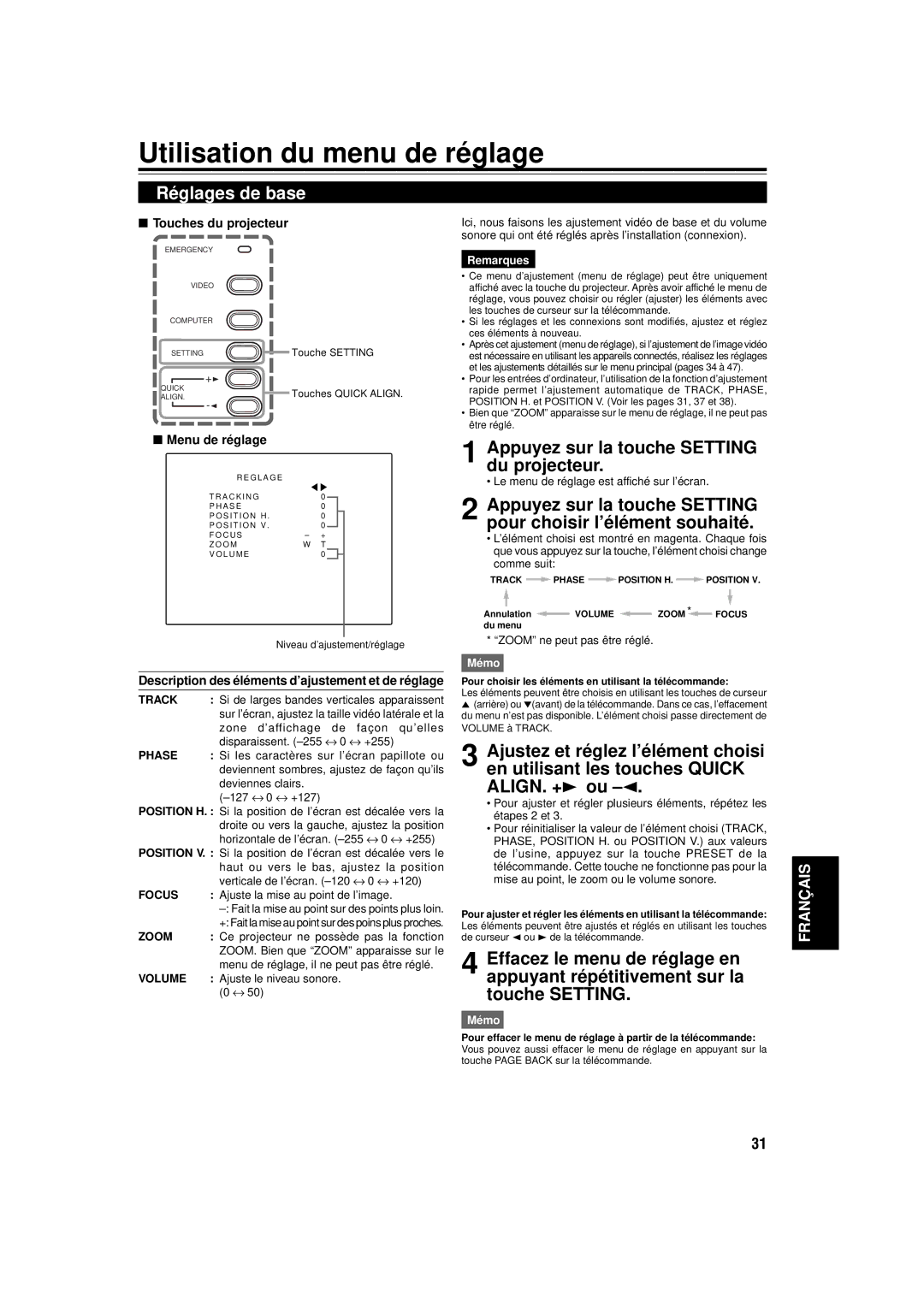 JVC DLA-C15U manual Utilisation du menu de réglage, Réglages de base, Appuyez sur la touche Setting du projecteur 