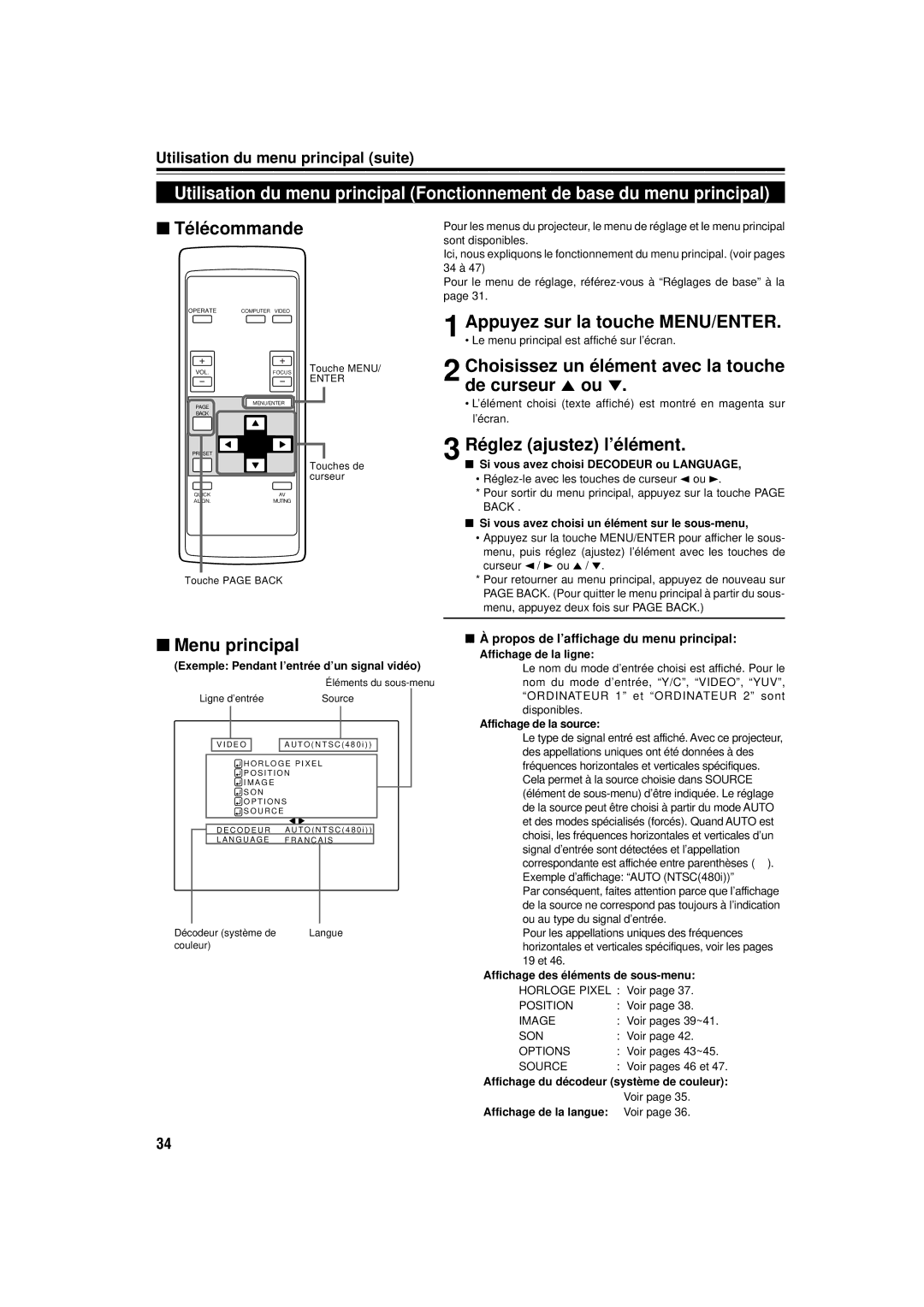 JVC DLA-C15U Télécommande, Choisissez un élément avec la touche de curseur 5 ou, Réglez ajustez l’élément, Menu principal 