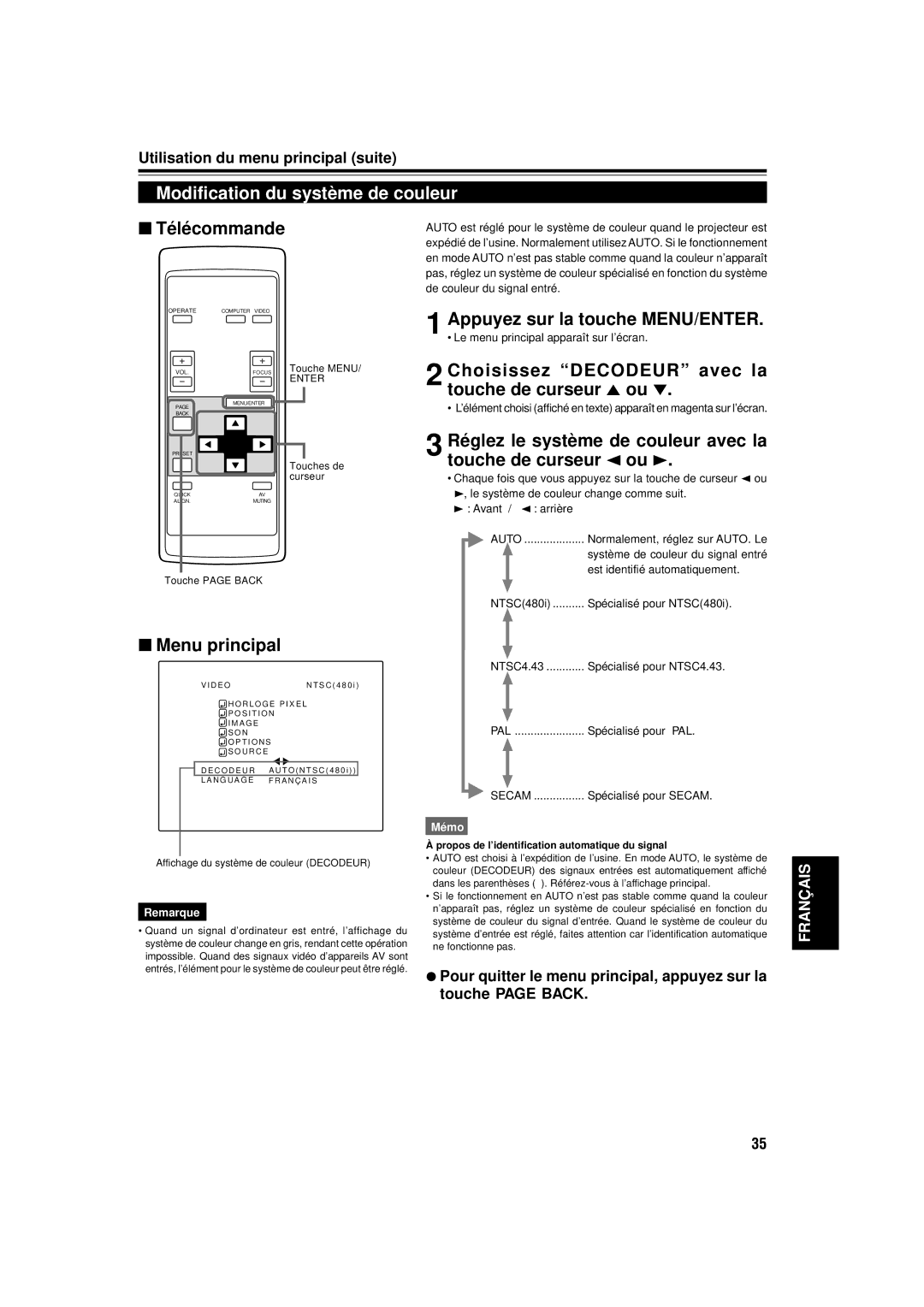 JVC DLA-C15U manual Modification du système de couleur, Appuyez sur la touche MENU/ENTER 