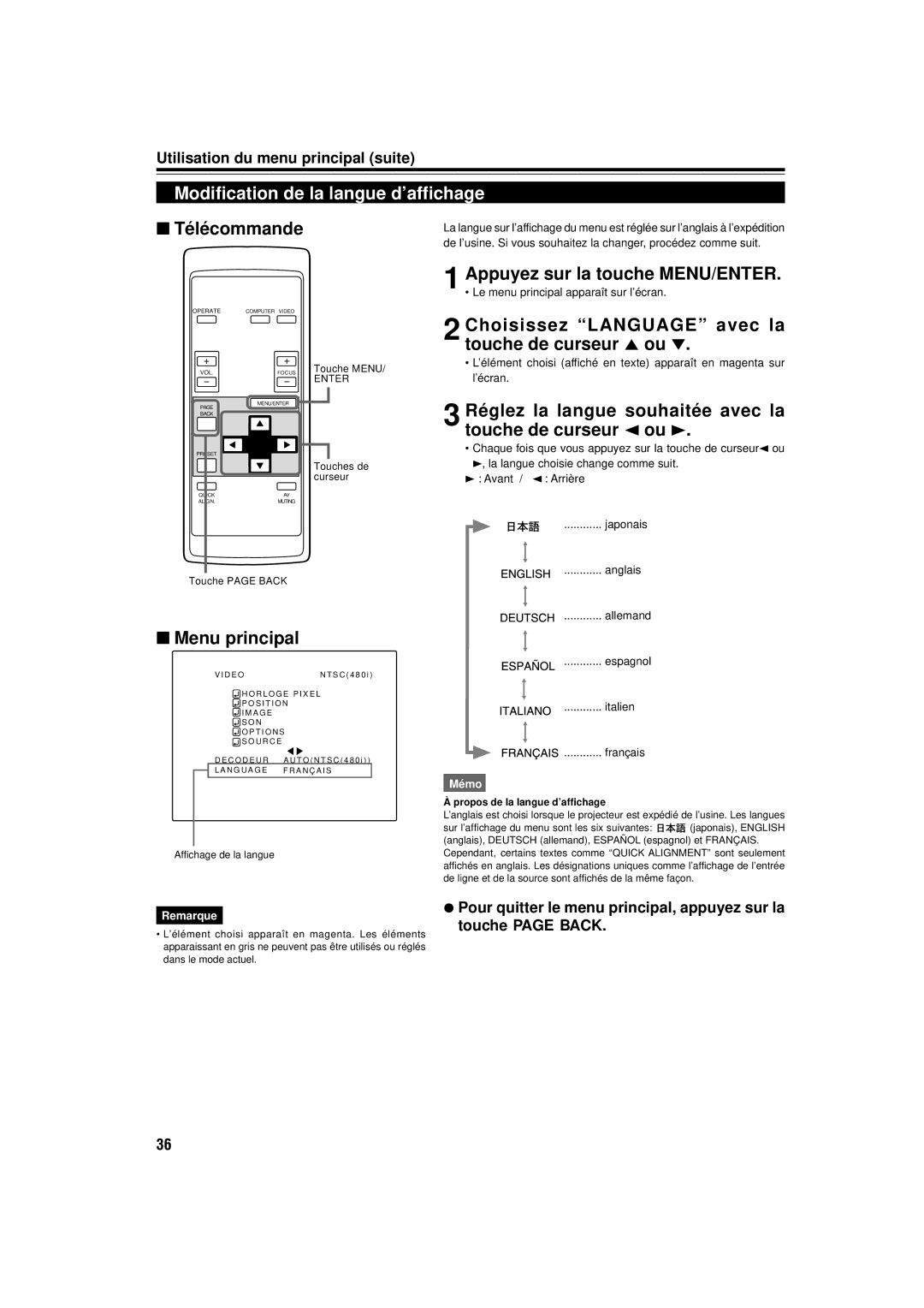 JVC DLA-C15U manual Modification de la langue d’affichage, Choisissez Language avec la touche de curseur 5 ou 