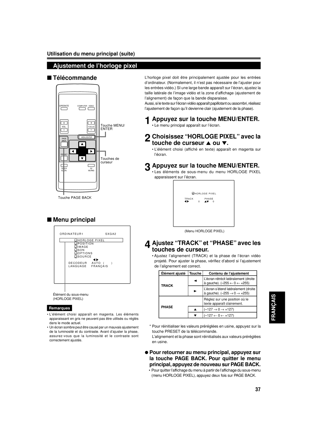 JVC DLA-C15U manual Ajustement de l’horloge pixel, Choisissez Horloge Pixel avec la touche de curseur 5 ou 