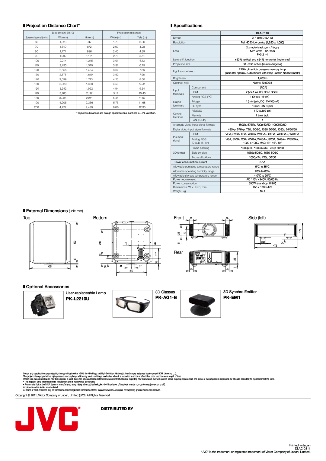 JVC DLA-F110 Projection Distance Chart, Specifications, External Dimensions unit mm, Bottom, Side left, PK-L2210U, PK-EM1 