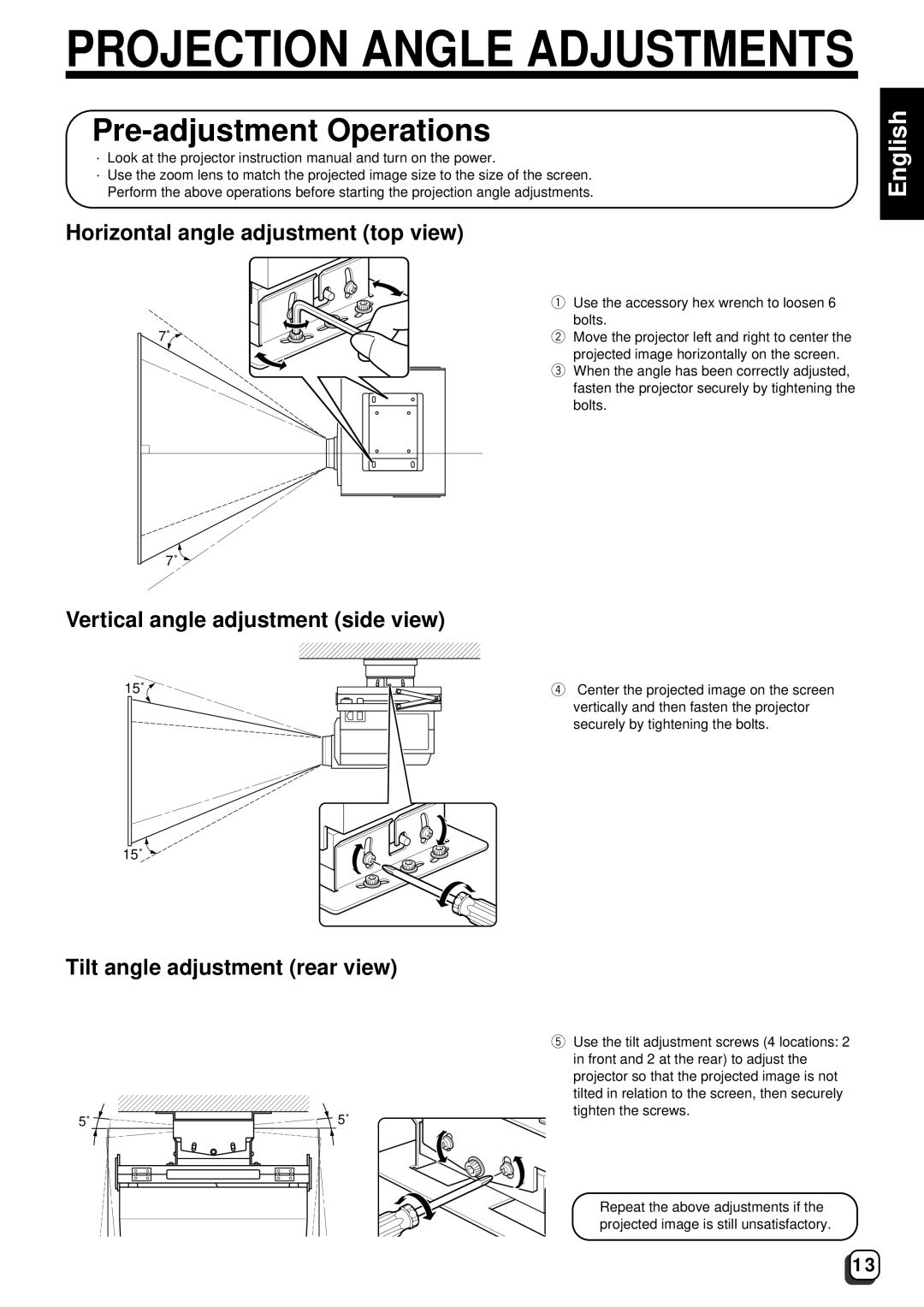 JVC DLA-G10E Horizontal angle adjustment top view, Vertical angle adjustment side view, Tilt angle adjustment rear view 