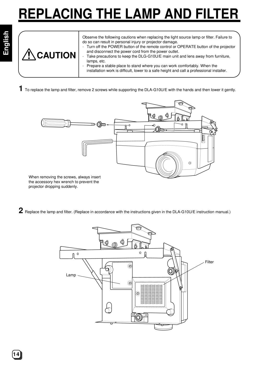 JVC DLA-G10U, DLA-G10E instruction manual Replacing the Lamp and Filter 