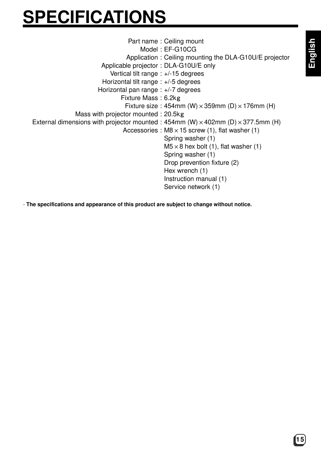 JVC DLA-G10E, DLA-G10U instruction manual Specifications 