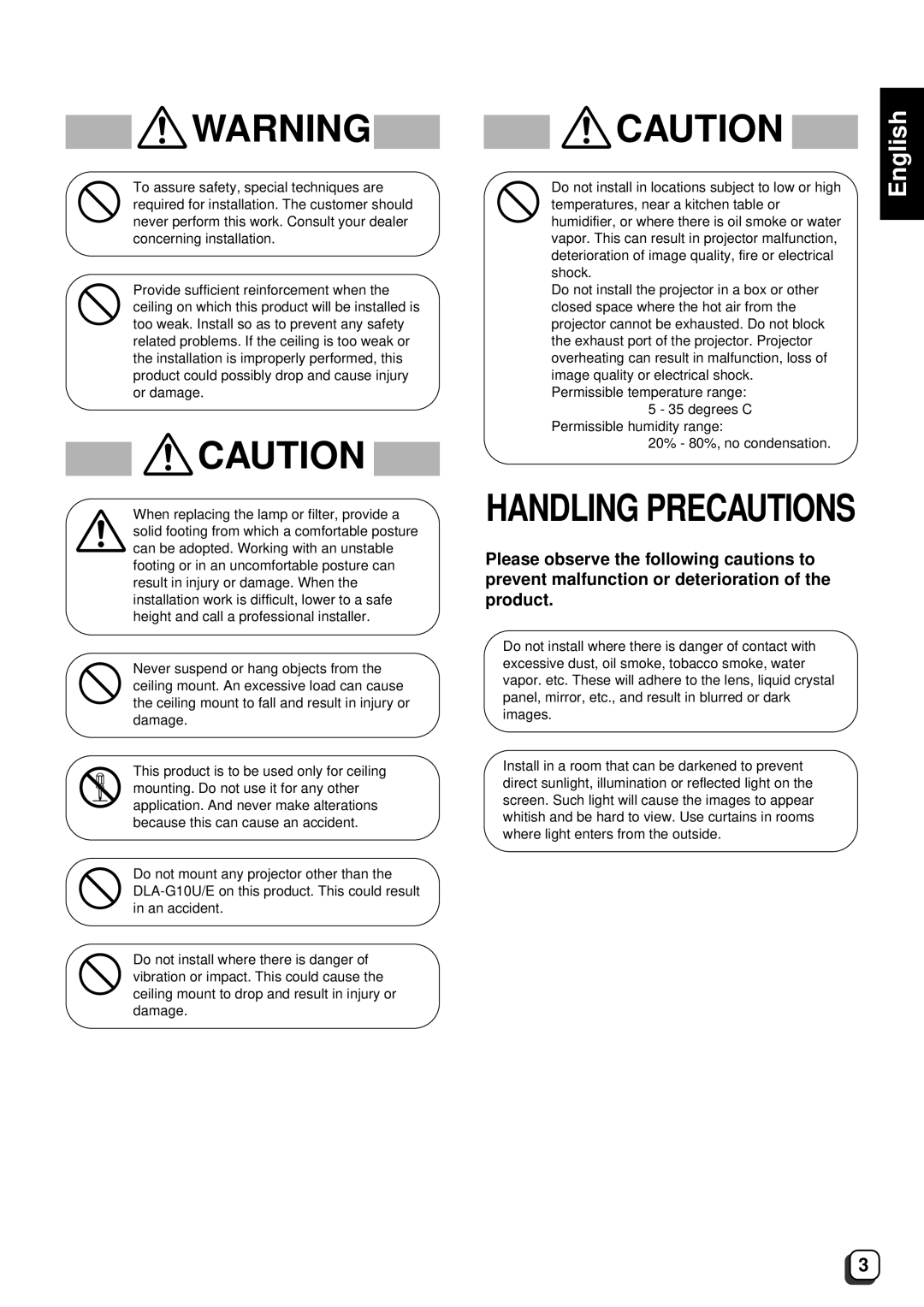 JVC DLA-G10E, DLA-G10U instruction manual Handling Precautions 