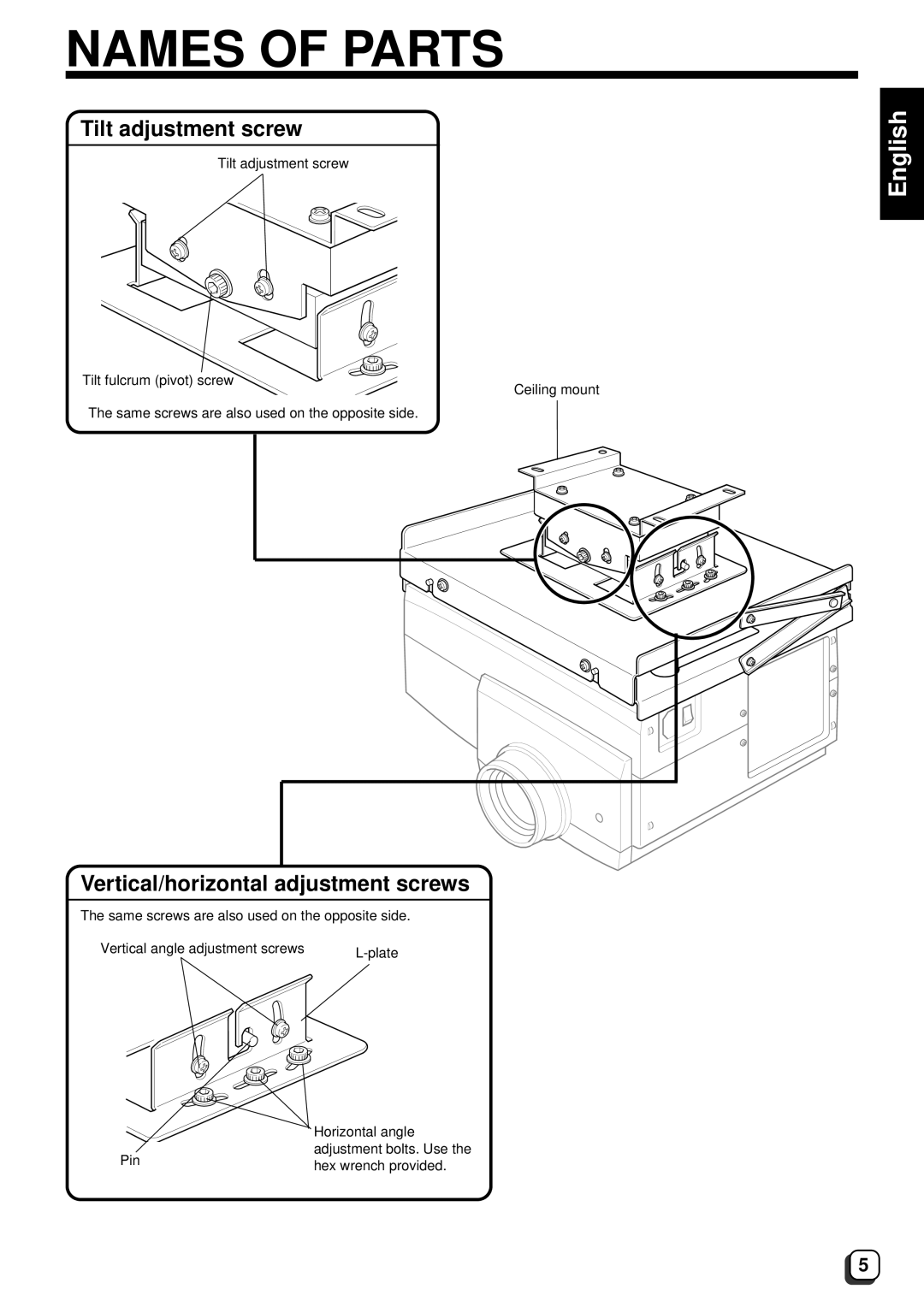 JVC DLA-G10E, DLA-G10U instruction manual Names of Parts, Tilt adjustment screw, Vertical/horizontal adjustment screws 