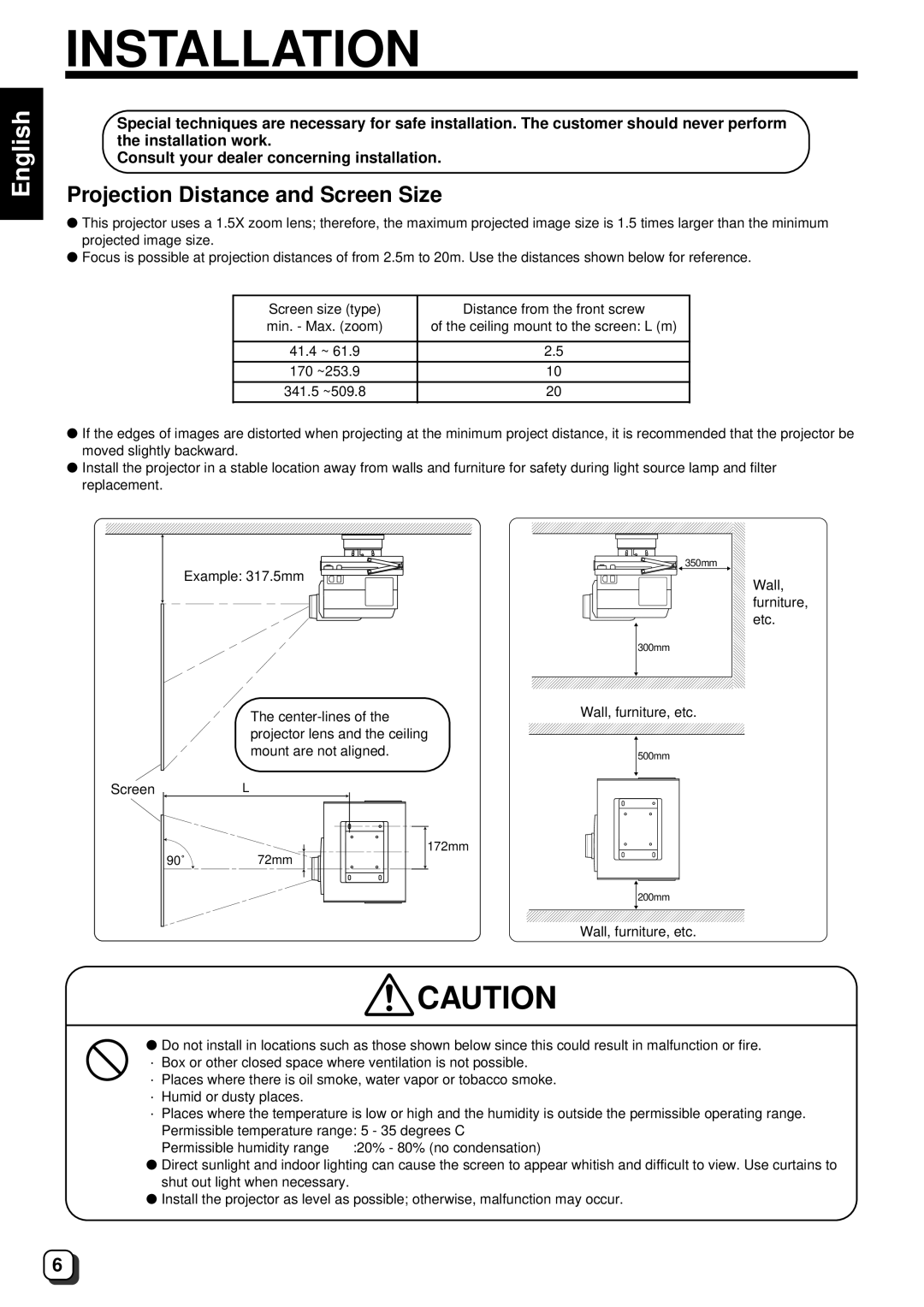 JVC DLA-G10U, DLA-G10E instruction manual Installation, Projection Distance and Screen Size 