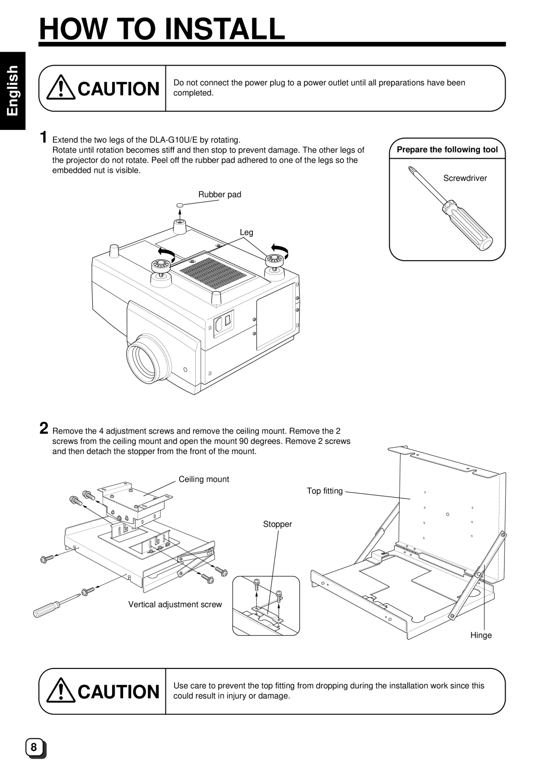 JVC DLA-G10U, DLA-G10E instruction manual HOW to Install, Prepare the following tool 