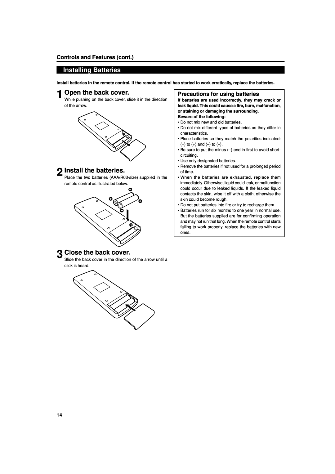 JVC DLA-G11U manual Installing Batteries, Open the back cover, Install the batteries, Close the back cover 