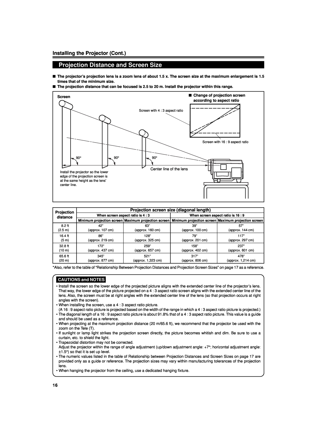 JVC DLA-G11U Projection Distance and Screen Size, Installing the Projector Cont, Projection screen size diagonal length 