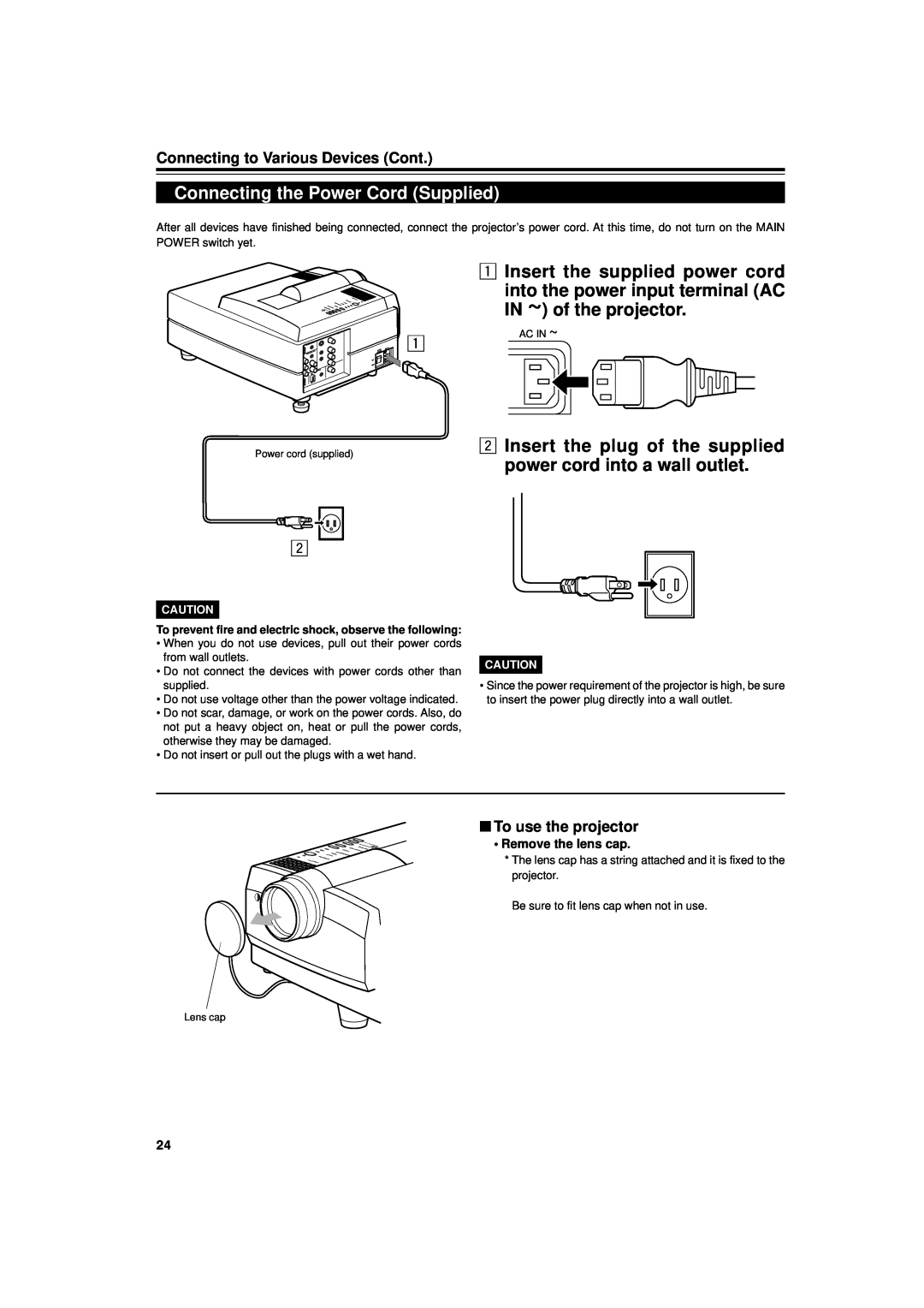 JVC DLA-G11U manual Connecting the Power Cord Supplied, Insert the supplied power cord, Connecting to Various Devices Cont 