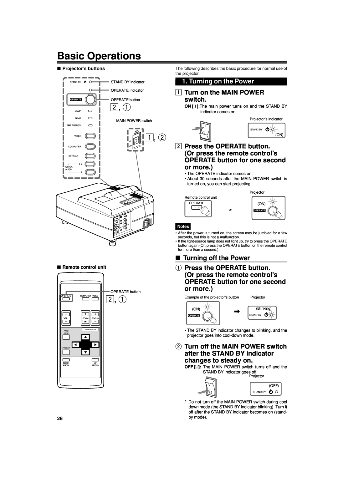 JVC DLA-G11U manual Basic Operations, Turning on the Power, Turn on the MAIN POWER switch, Turning off the Power 