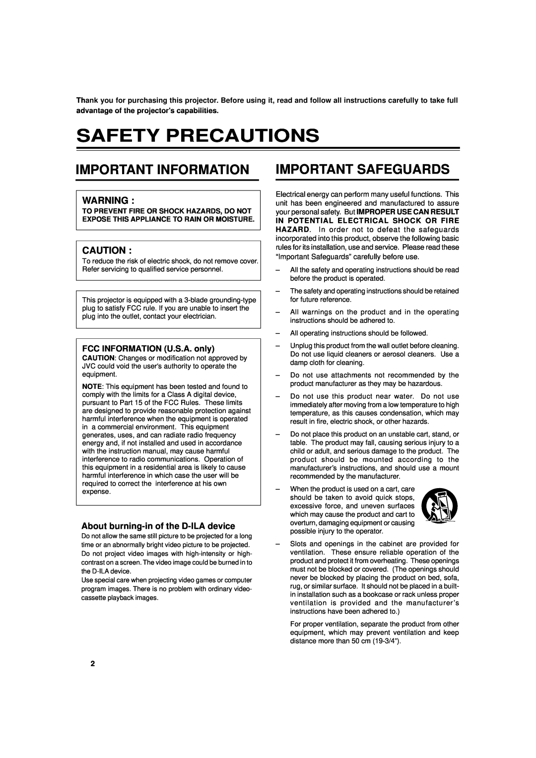 JVC DLA-G11U manual Safety Precautions, Important Information Important Safeguards, About burning-in of the D-ILA device 