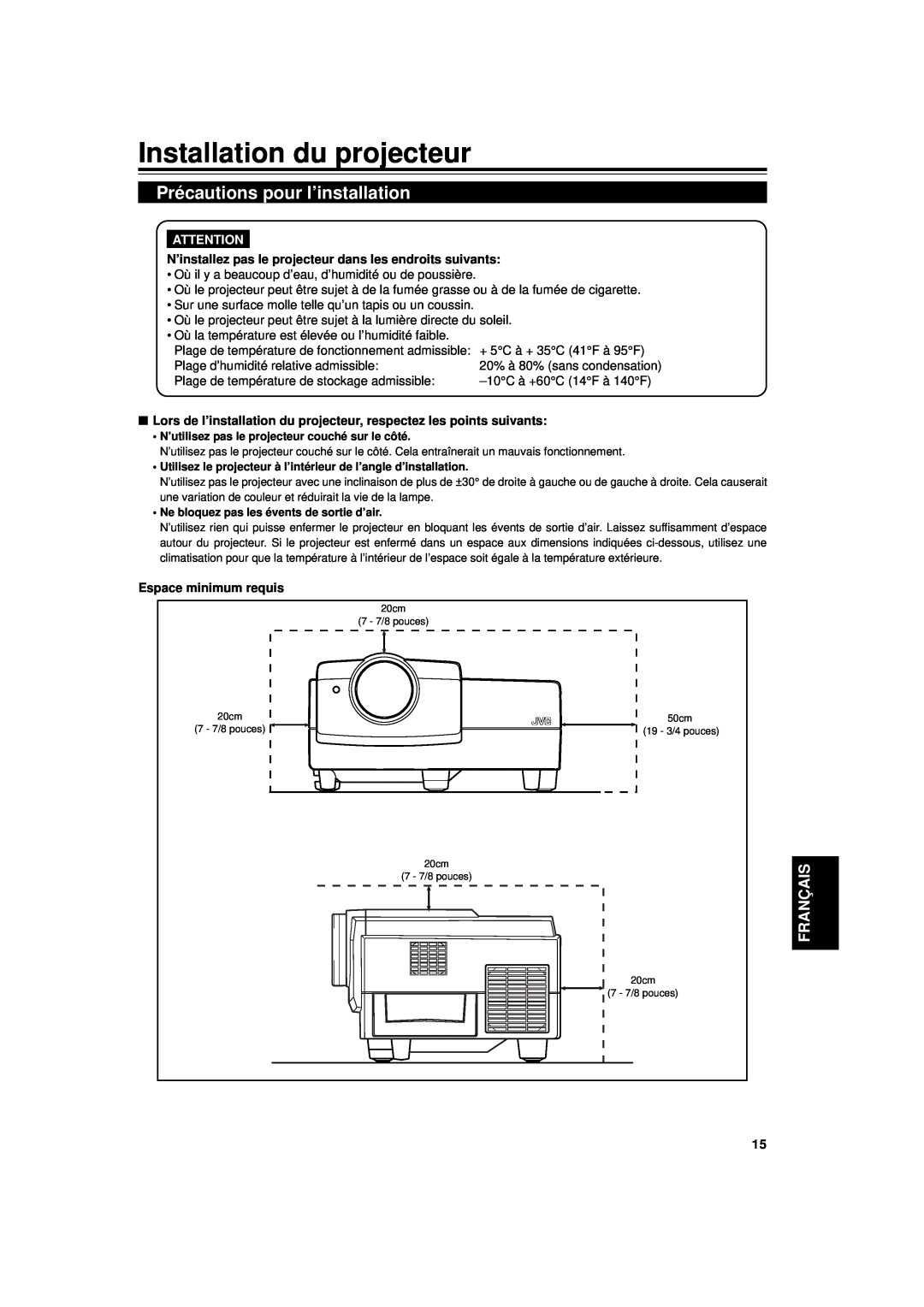 JVC DLA-G11U manual Installation du projecteur, Précautions pour l’installation, Français, Espace minimum requis 