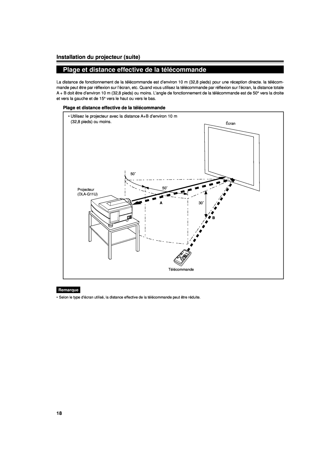 JVC DLA-G11U manual Plage et distance effective de la télécommande, Installation du projecteur suite, Remarque 