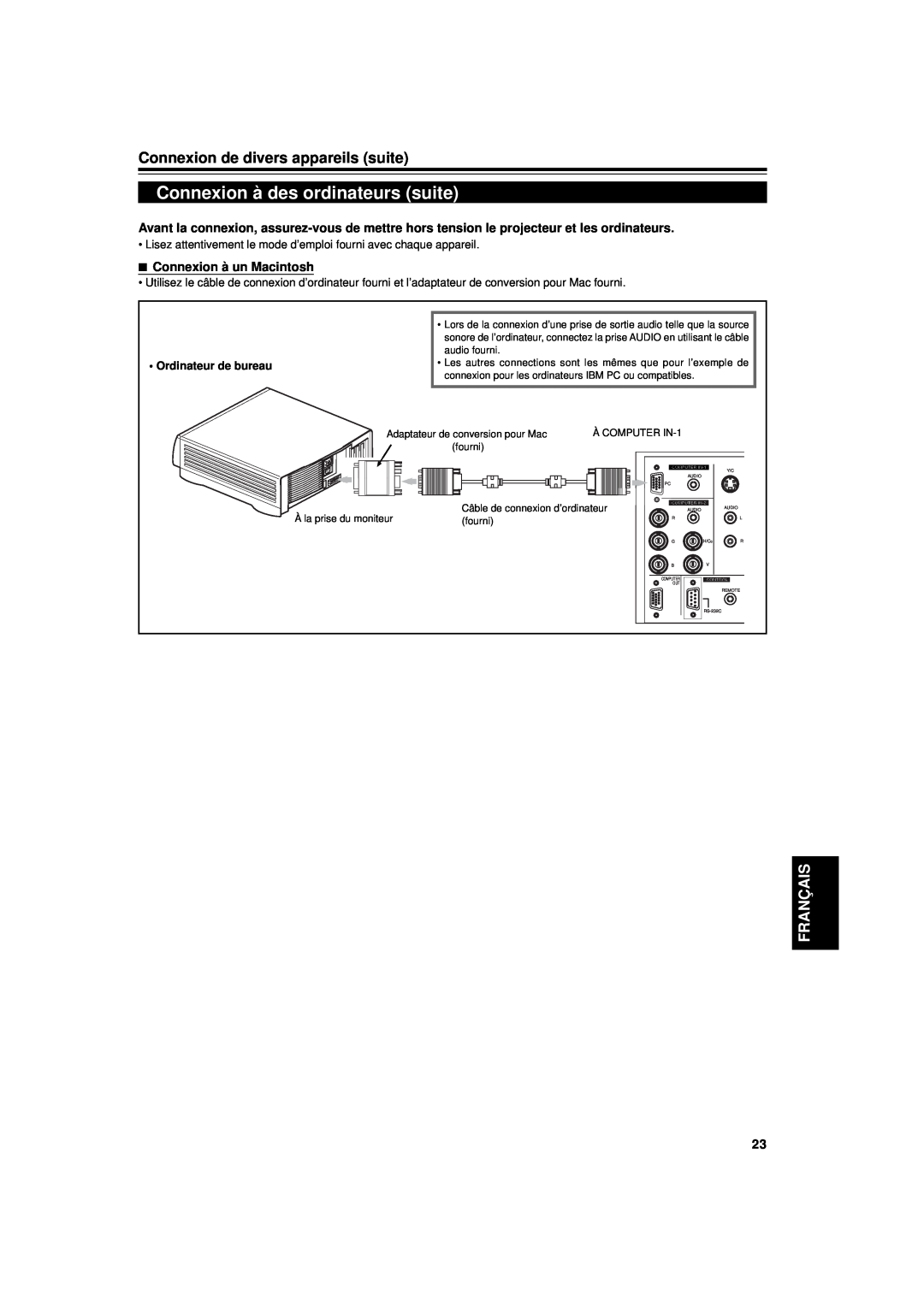 JVC DLA-G11U Connexion à des ordinateurs suite, Connexion de divers appareils suite, Français, Connexion à un Macintosh 